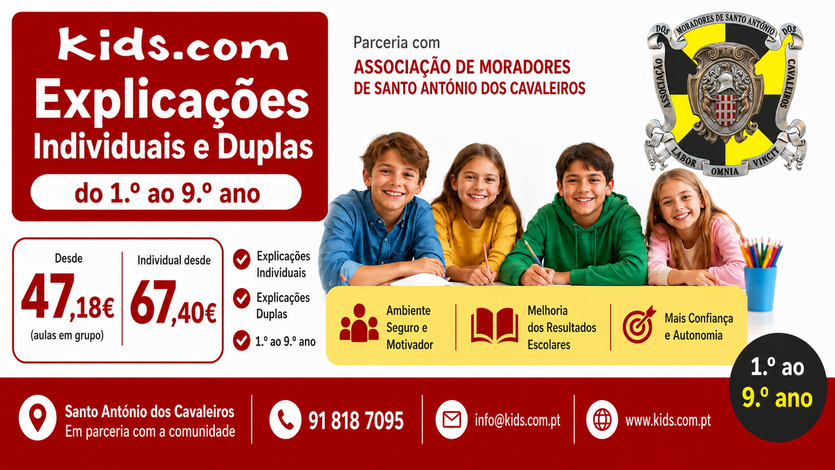 Kids.com em parceria com a AMSAC: explicações individuais e em duplas do 1.º ao 9.º ano, desde 47,18 € em grupo e 67,40 € individual.